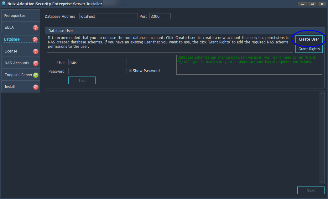 The Nuix Adaptive Security server installer database tab. 